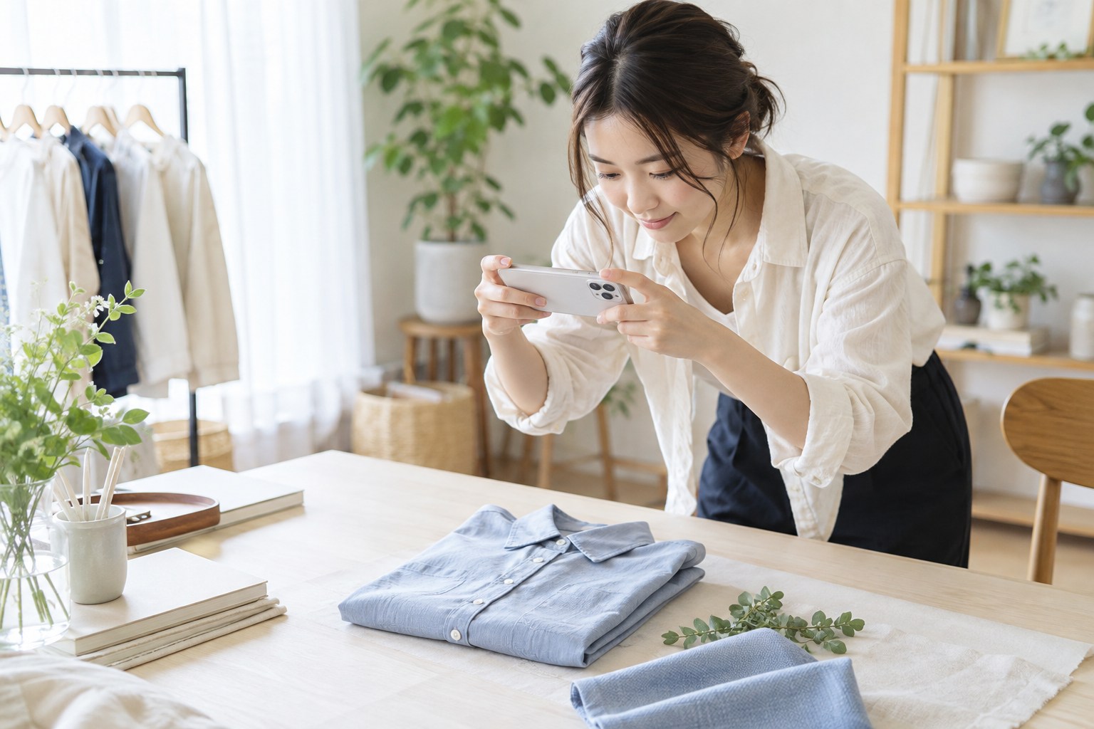 衣服の質感が伝わる写真を撮影する担当者
