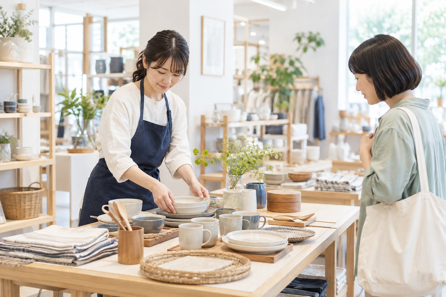 明るい売り場で、商品の見せ方を整えるスタッフ