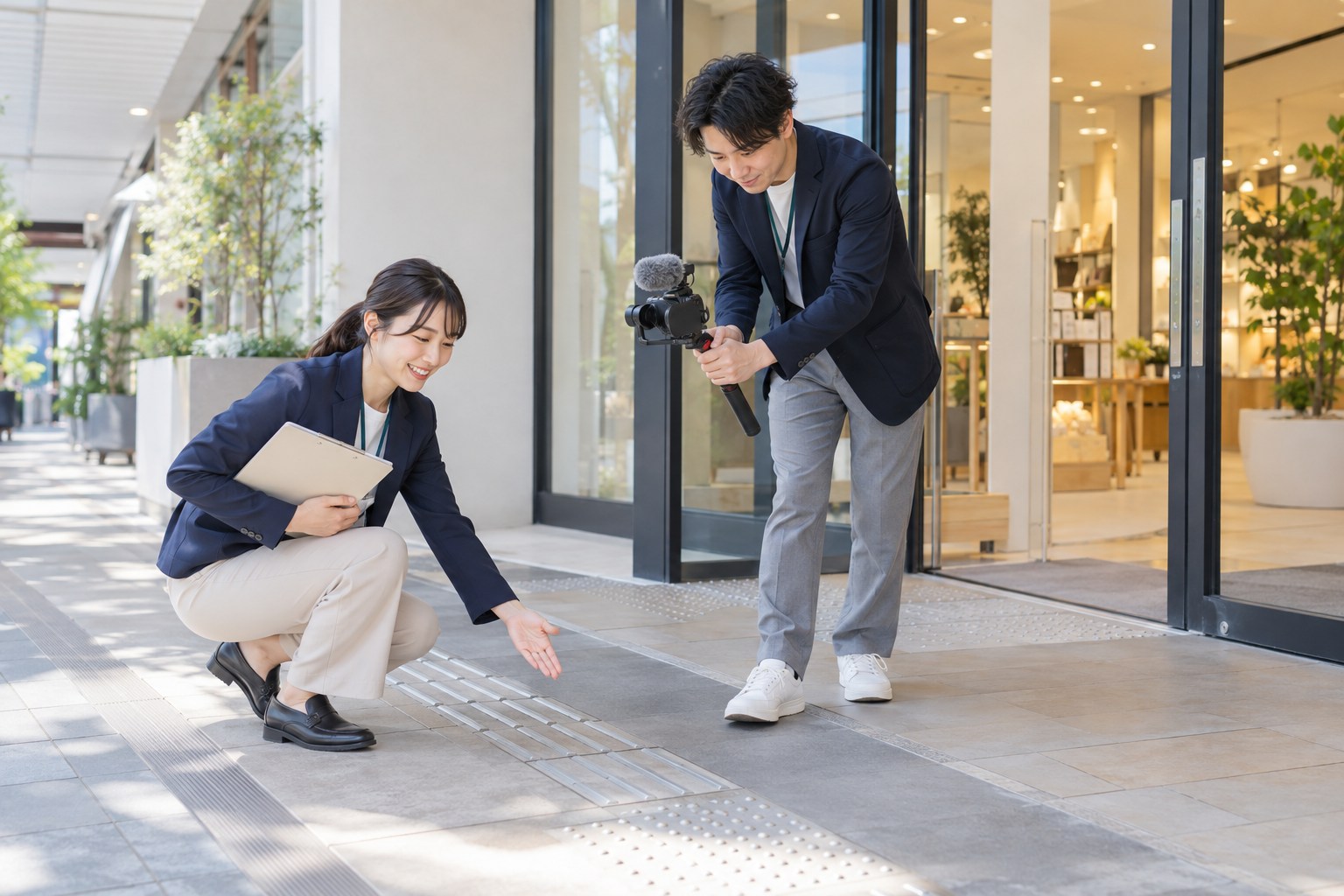 入口と館内の案内経路を確認するスタッフ
