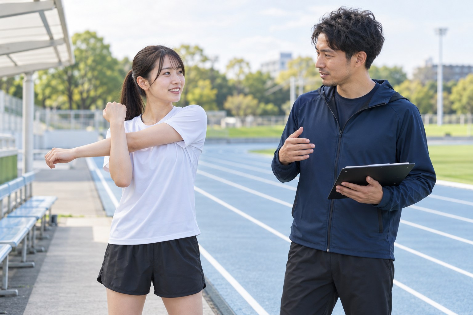 練習の意図をコーチと確かめる成人のアスリート