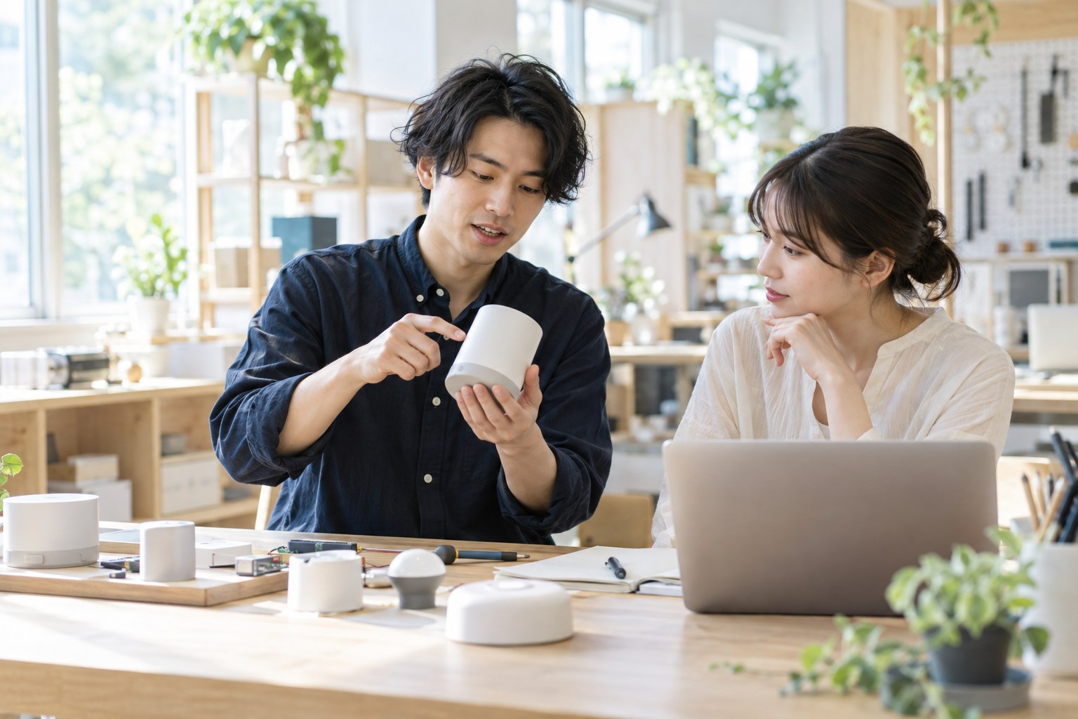 試作品の使い方を確かめる若い成人の開発メンバー