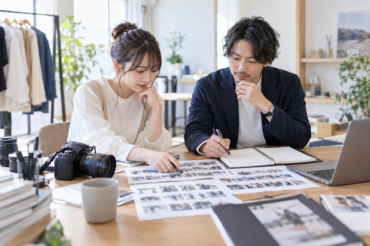 写真とスケジュールを見ながら、発信の準備をする二人
