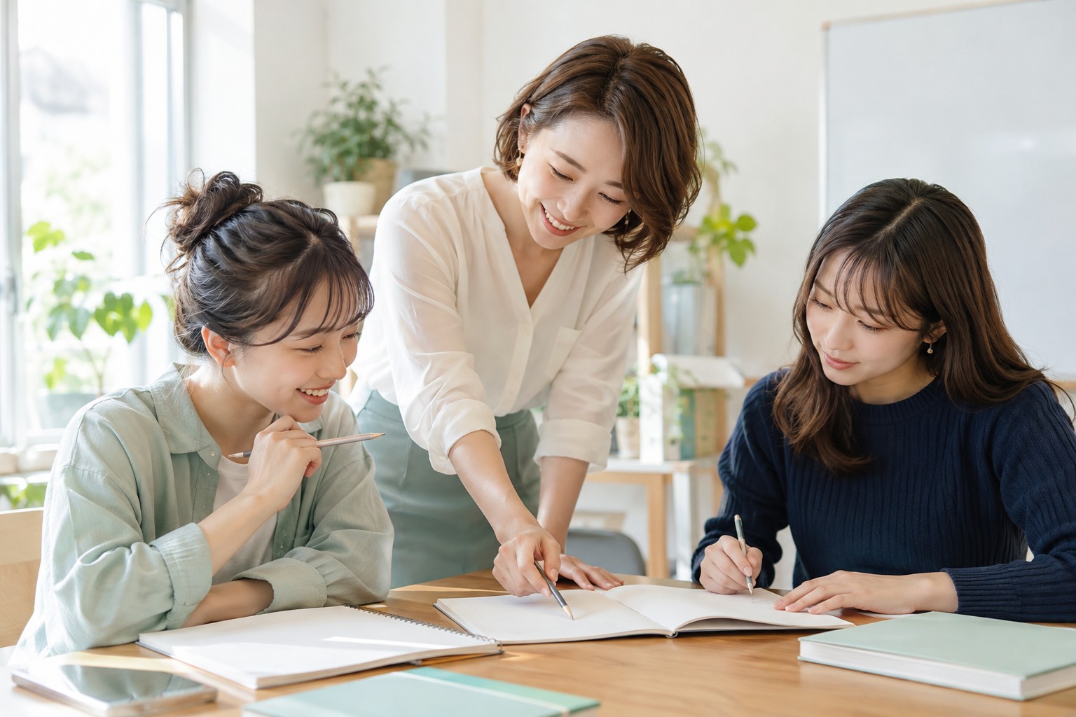 成人の学習者とノートを見ながら学びを進める講師