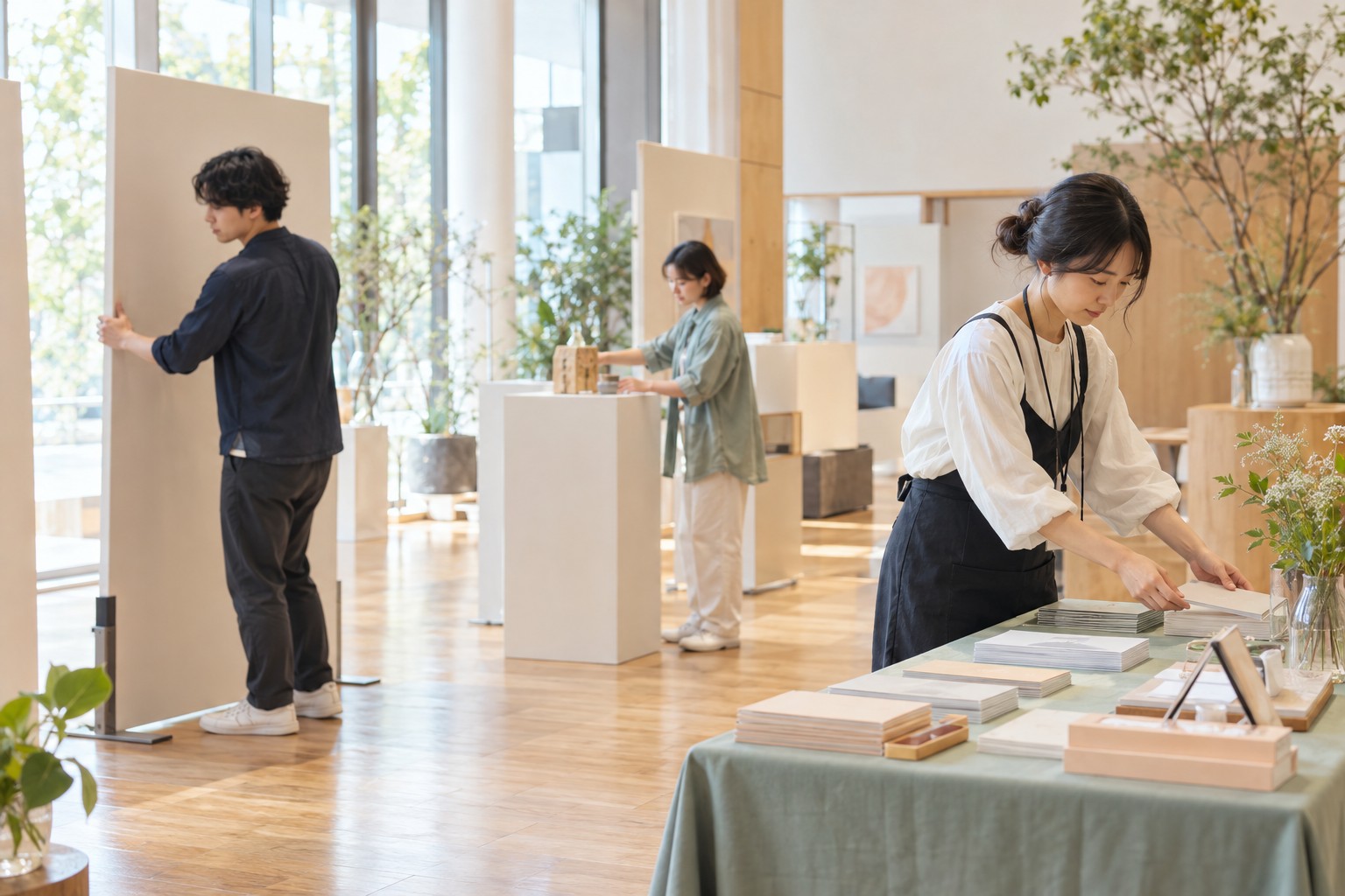 イベント会場で展示と受付の準備を進める若いスタッフ