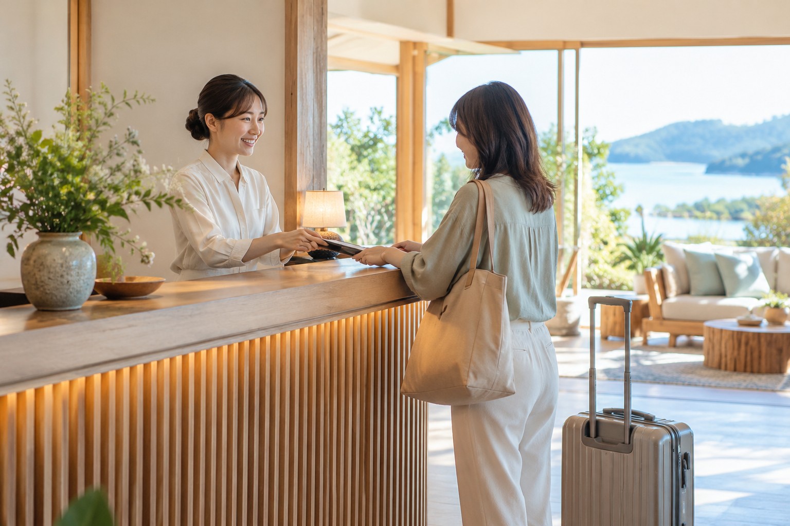 自然光の入る宿泊施設で来訪者を迎える若いスタッフ