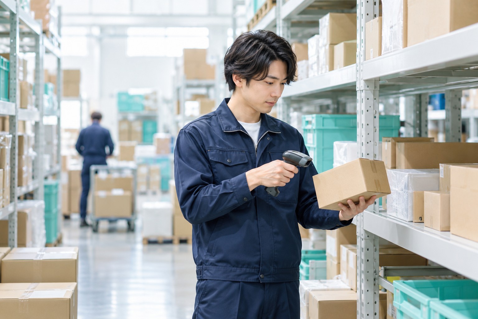 明るい倉庫で発送する荷物を確認する若いスタッフ