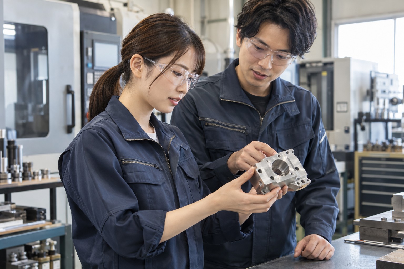 整った製造現場で部品を確認する若い技術者