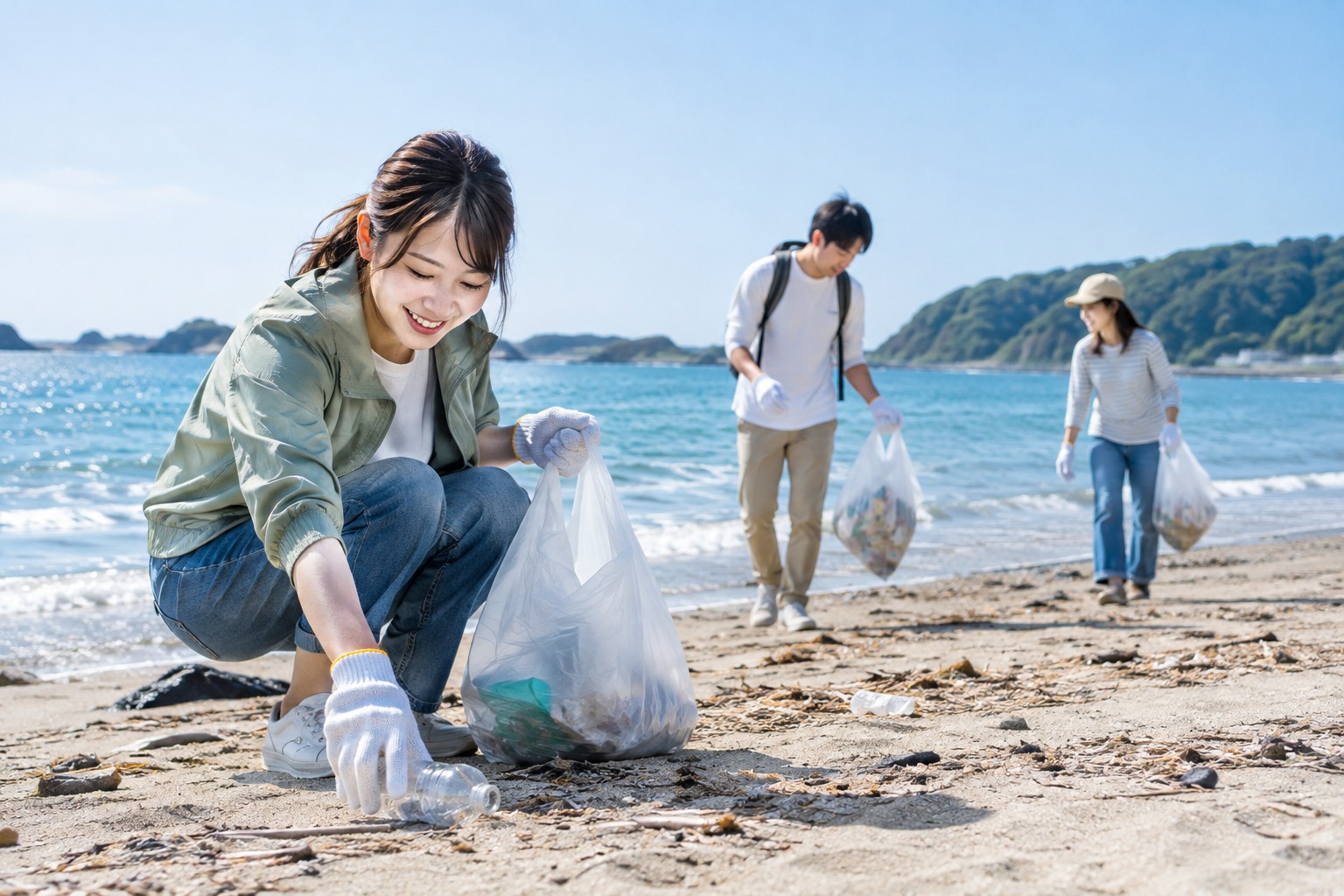 海辺でごみを拾い、地域の活動に取り組む若い成人のチーム