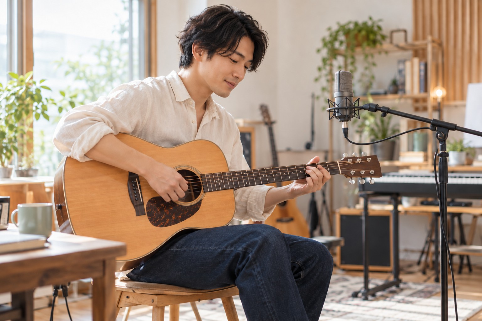 自然光の入る音楽スタジオでアコースティックギターを演奏する若い成人アーティスト
