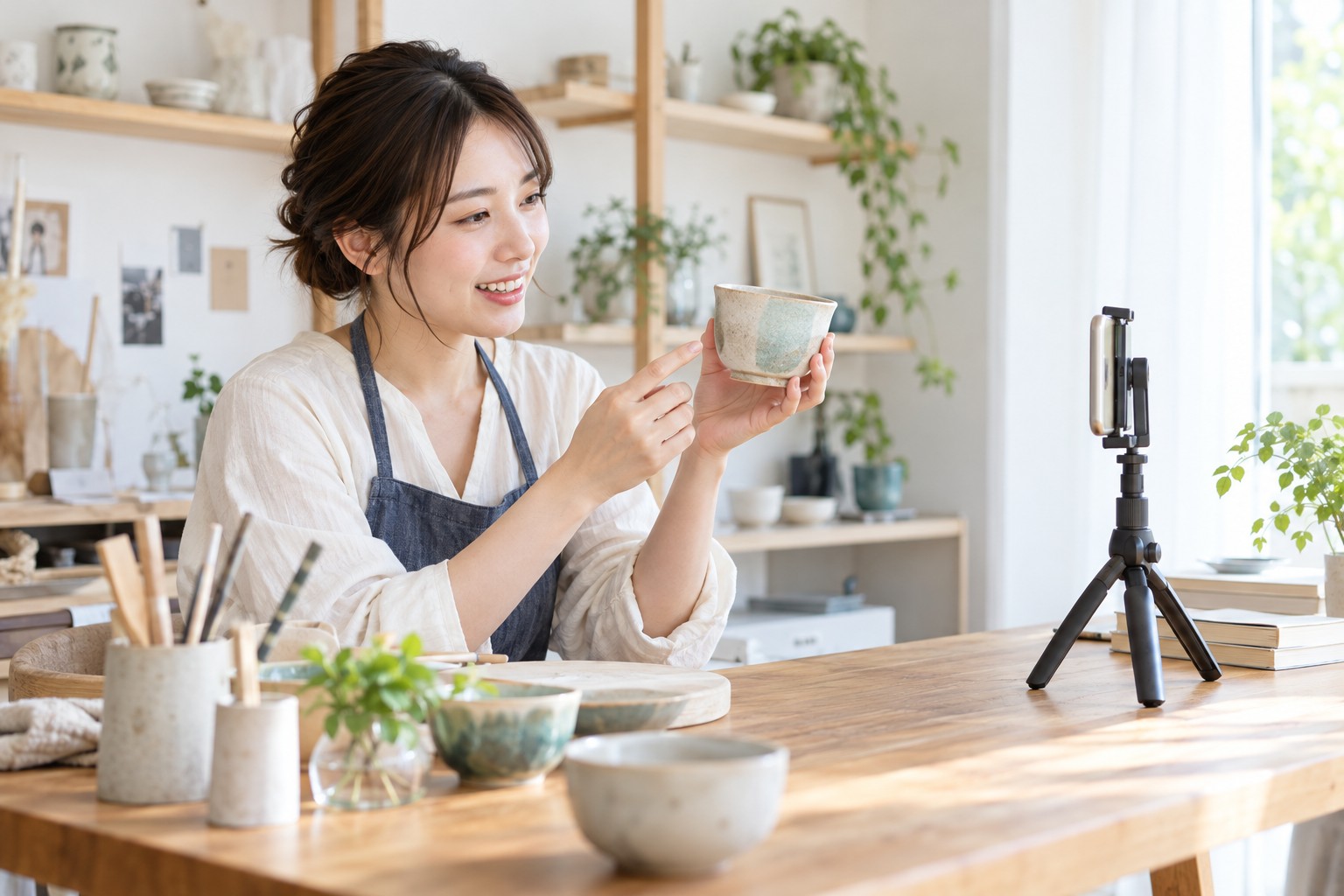明るい部屋で陶器のカップを紹介しながら、スマートフォンで動画を撮る若い成人の発信者