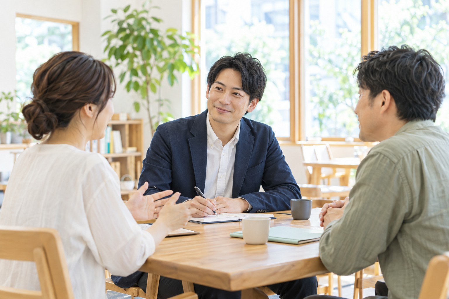 地域の交流スペースで、住民の話に耳を傾けながらメモを取る成人の政治活動者