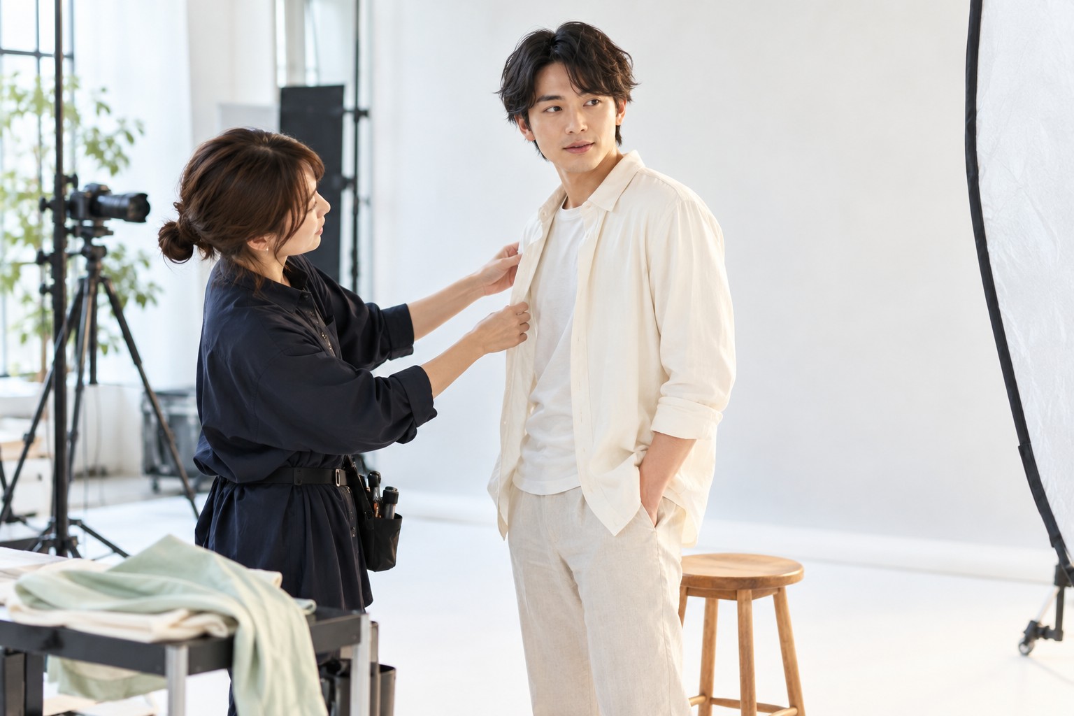 撮影スタジオでスタッフに衣装を整えてもらう若い成人モデル