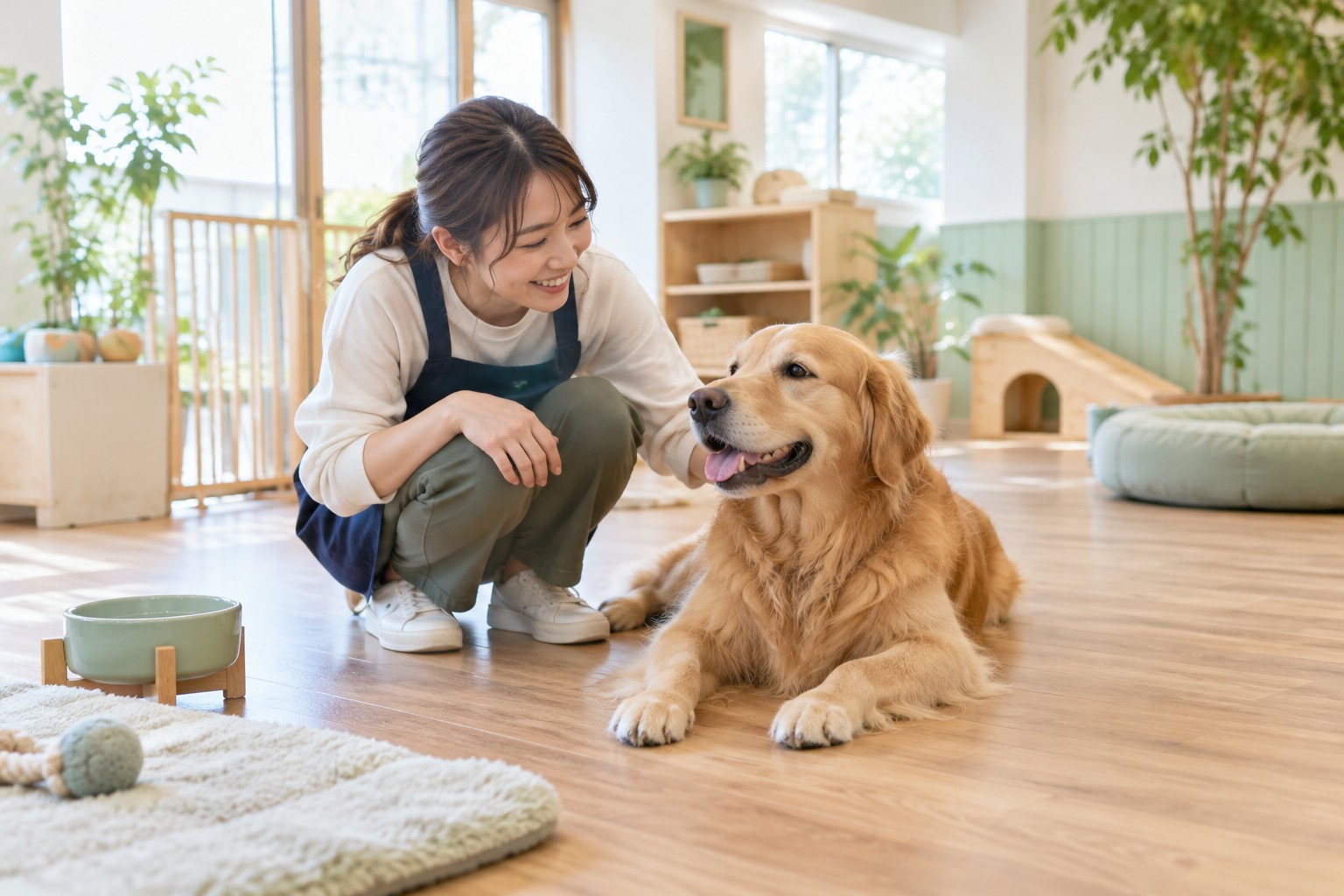 明るいペット施設で犬を見守る若いスタッフ