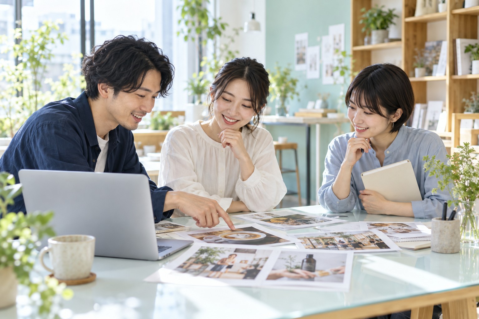 写真とノートを囲み、事業ごとのSNSの発信を相談する3人