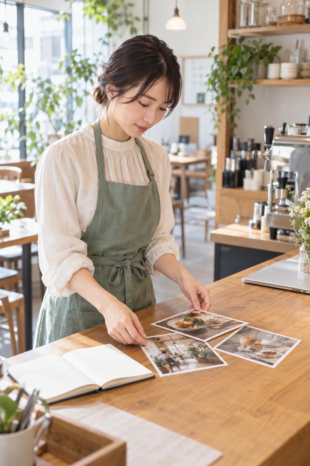 カフェのカウンターで料理写真とノートを見比べ、発信の準備をする若い店主