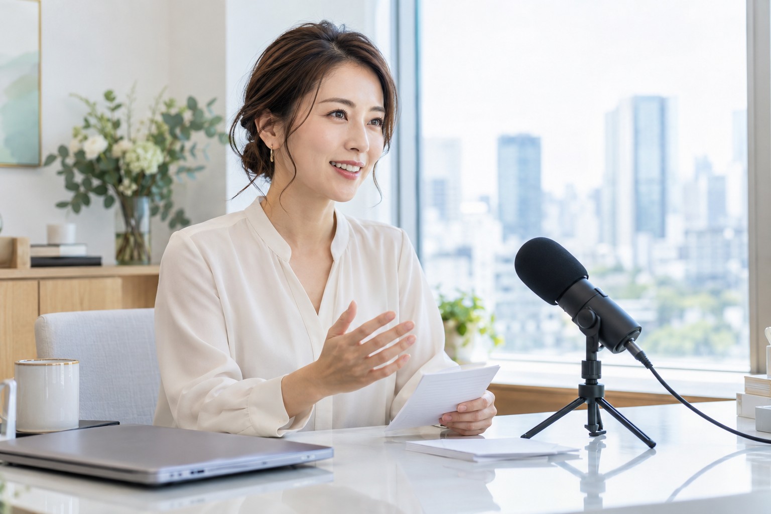 窓辺の仕事場で発信内容を確認する若い経営者