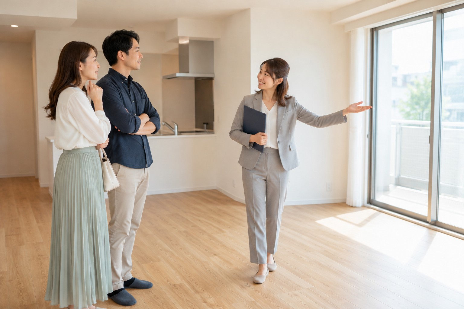 自然光の入る住まいで室内を案内する若い担当者
