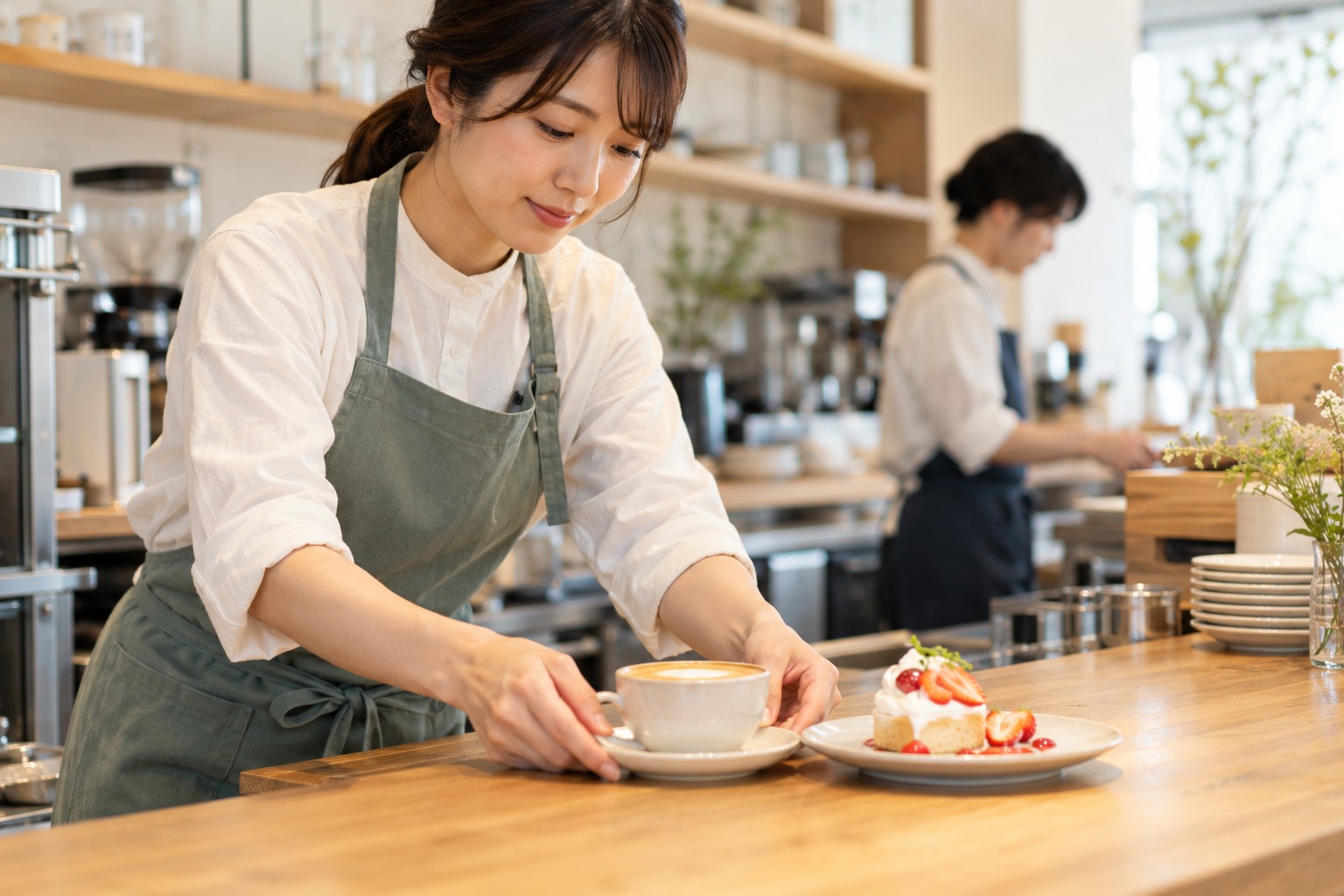 カフェでコーヒーとデザートを用意する若いスタッフ