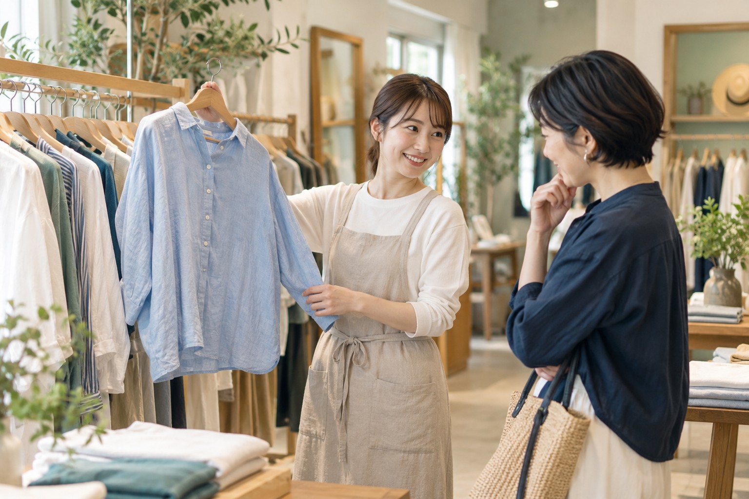 アパレル店で洋服の組み合わせを確認する若いスタッフ