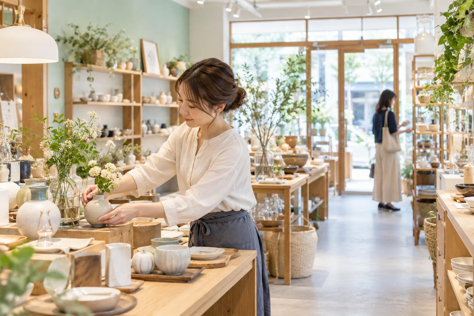 雑貨店の売り場で商品の見せ方を整える若い店主