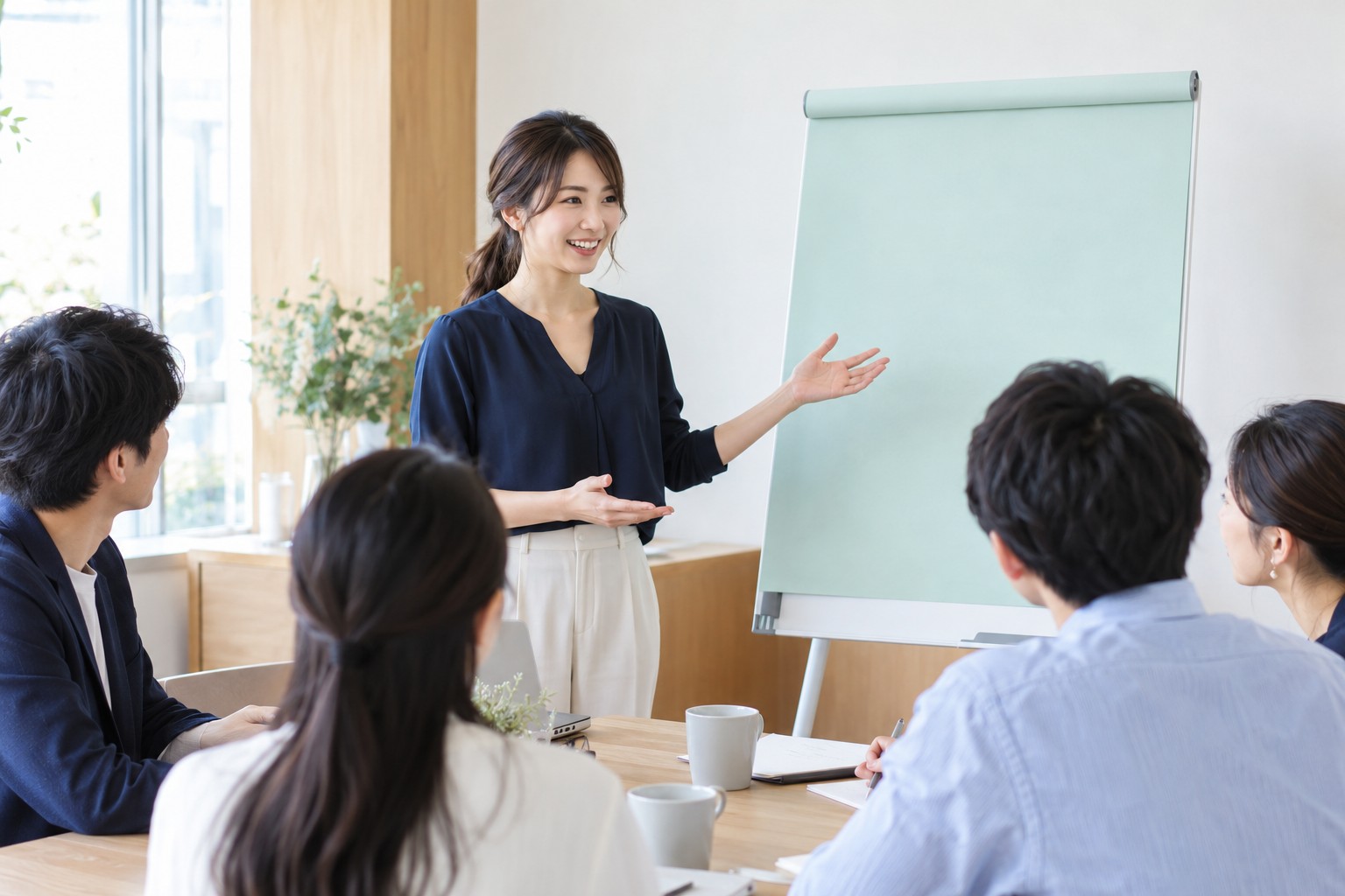 少人数の成人参加者へ考え方を説明する若い講師
