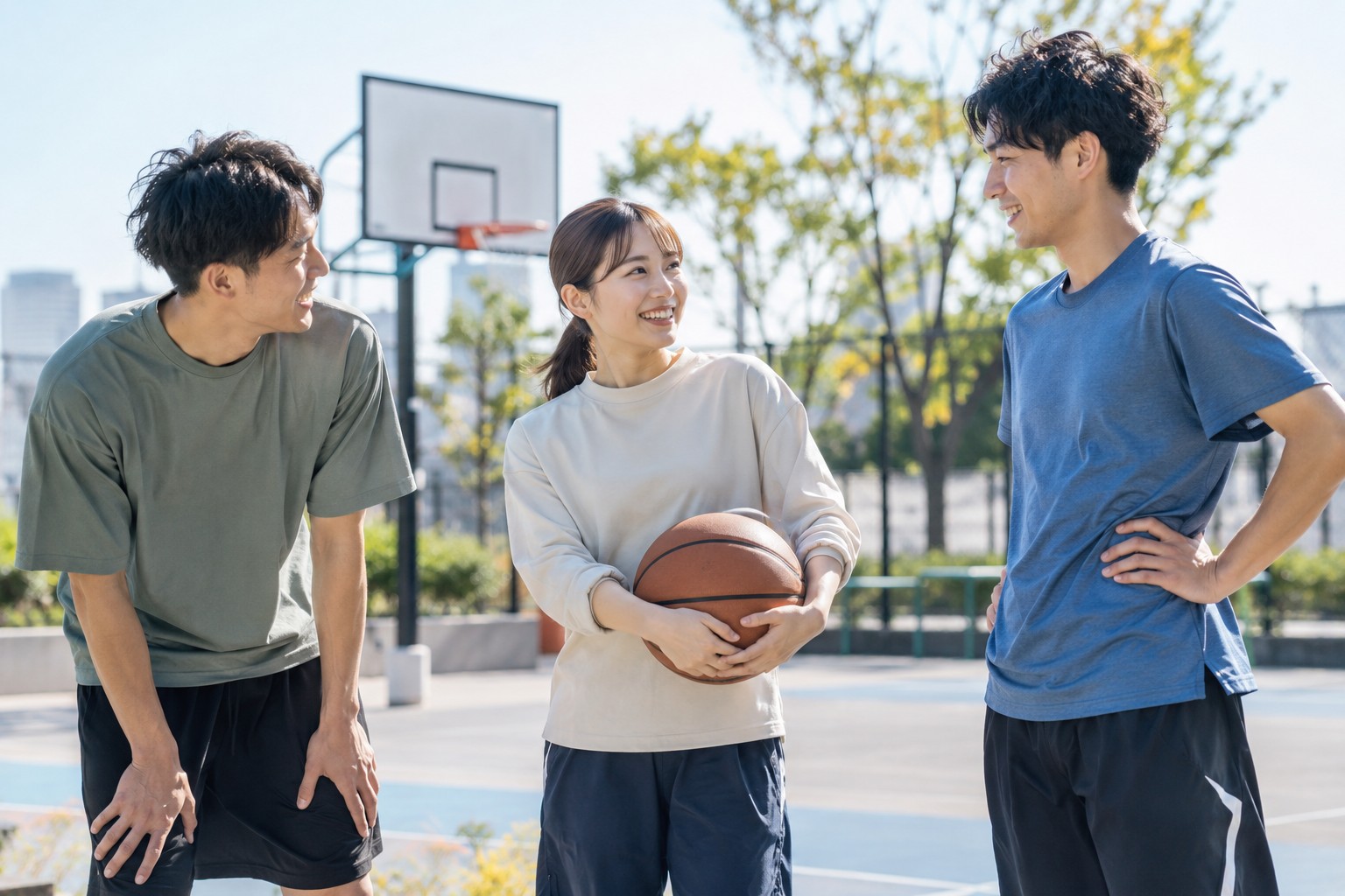 屋外コートで練習前に話し合う若い成人のチーム