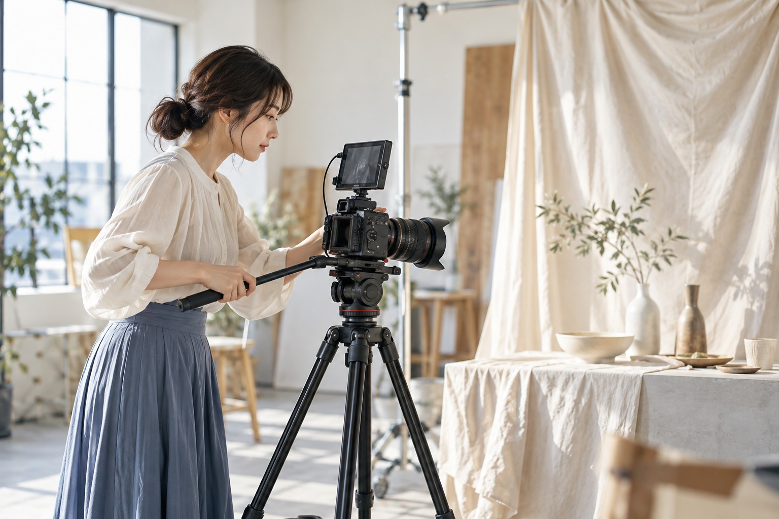 制作スタジオで映像作品の撮影を準備する若いクリエイター