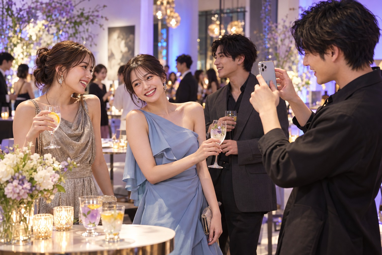 柔らかな照明のパーティー会場で、会話を楽しむ若い成人たちと撮影するクリエイター