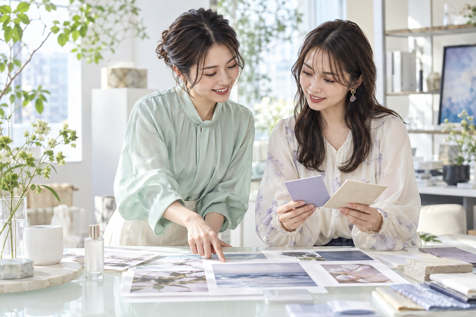 商品と写真資料を囲み、ブランドと投稿表現の方向性を相談する二人