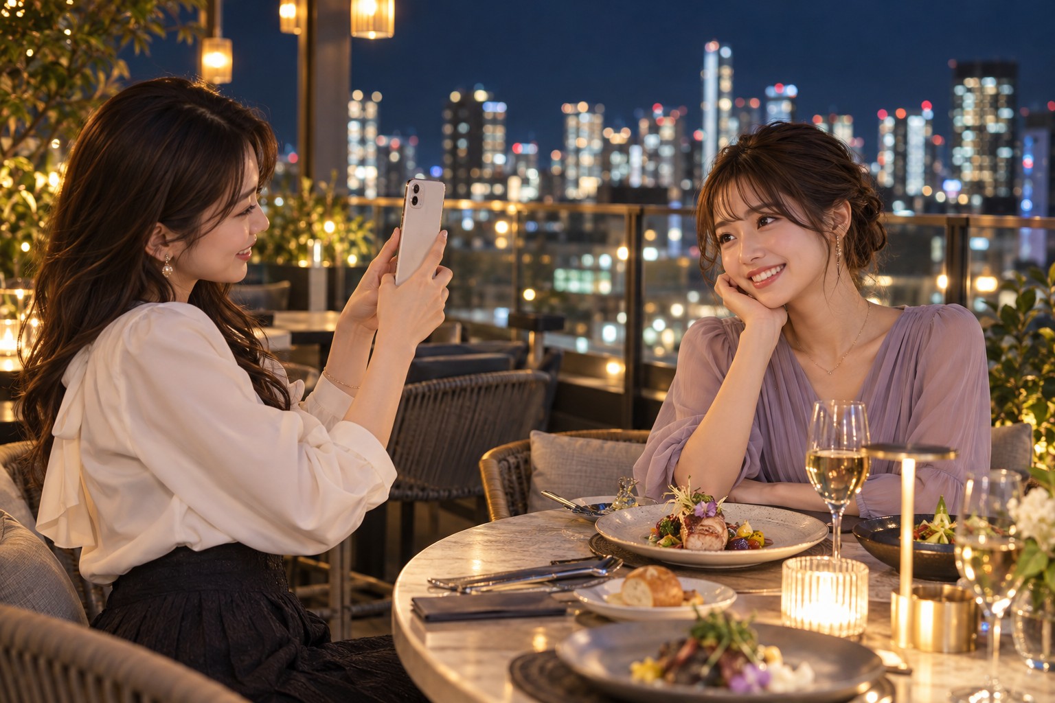 夜景の見えるレストランテラスで、食事を楽しむ友人をスマートフォンで撮影する女性