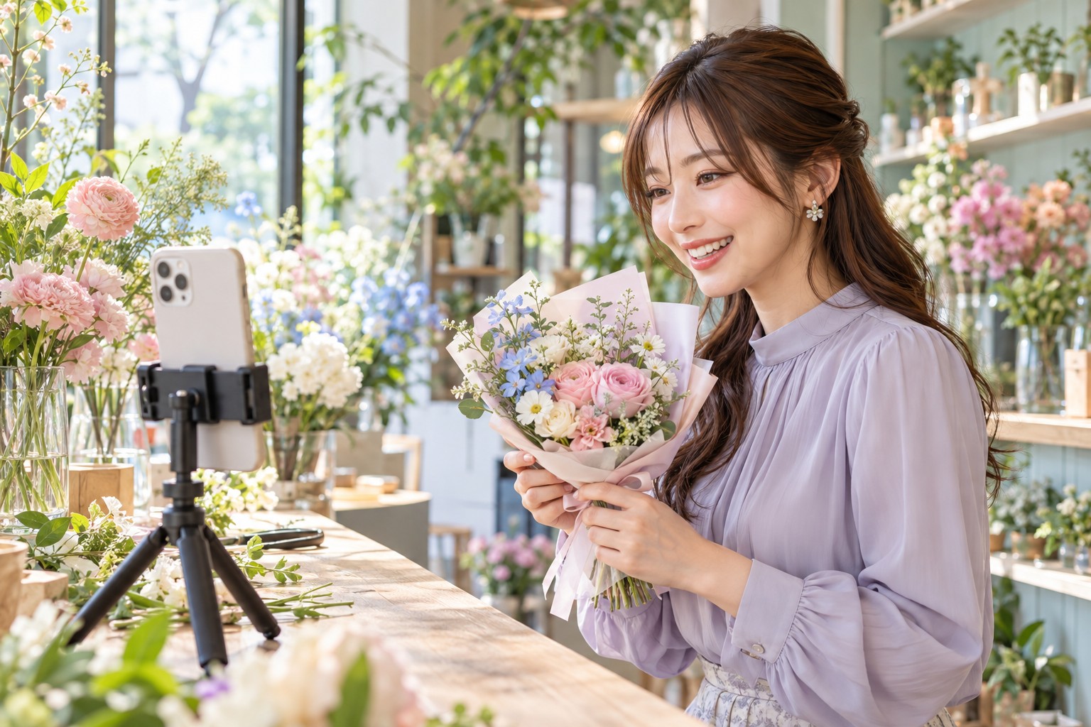 花店で花束を手に取り、縦向きのスマートフォンへ体験を伝える女性