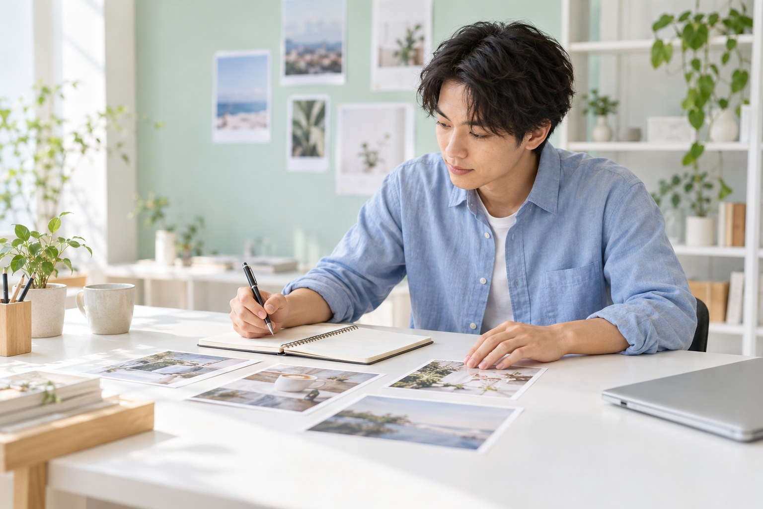 写真資料とノートを見ながら、任せたいSNS支援の範囲を整理する男性