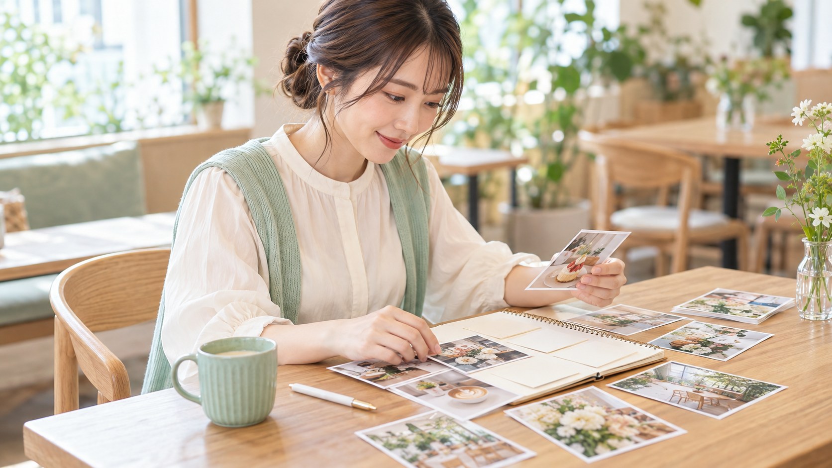 カフェでメニューや店内の写真を並べ、投稿テーマを整理する女性