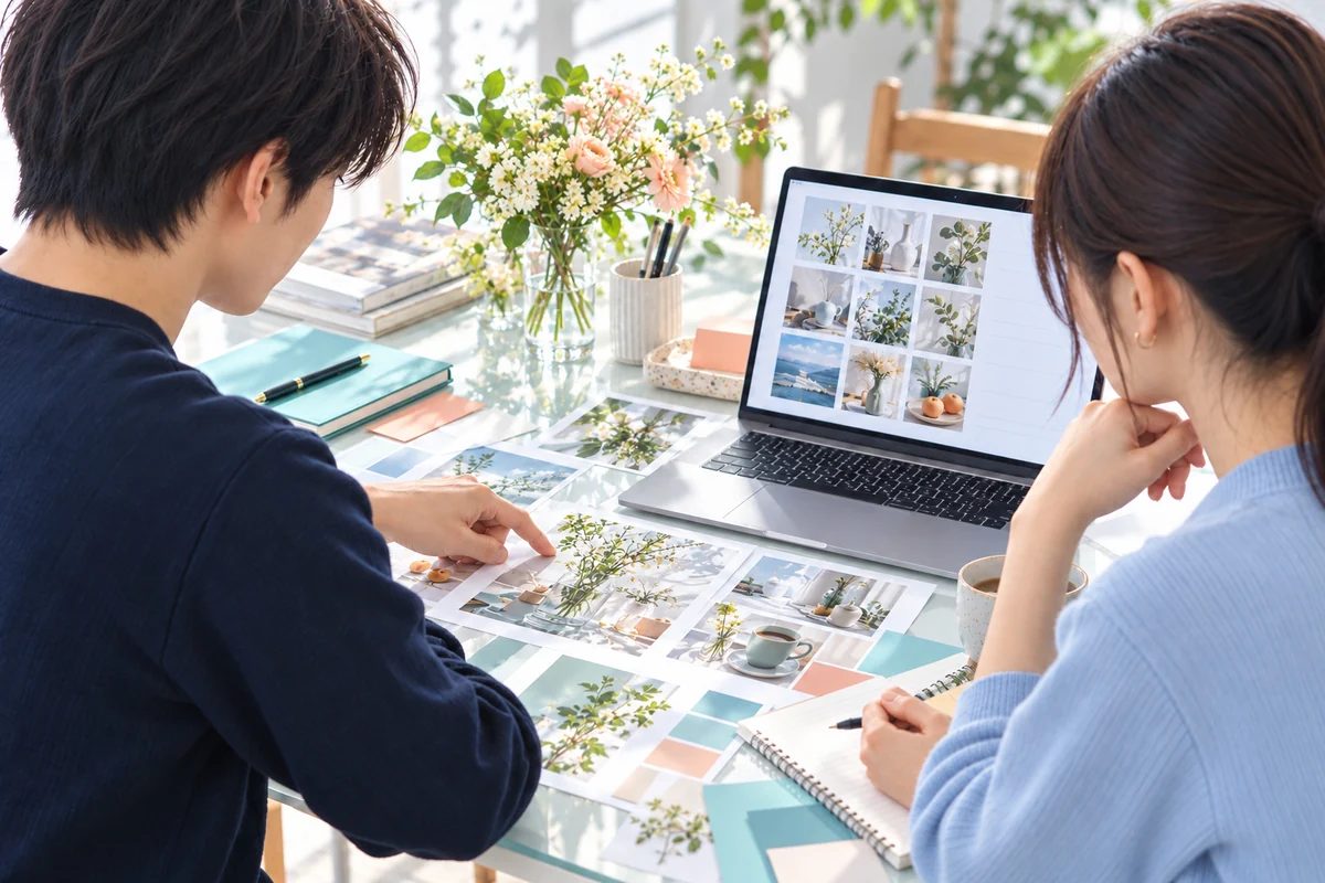 投稿計画と素材を見ながら企画を整理する制作イメージ