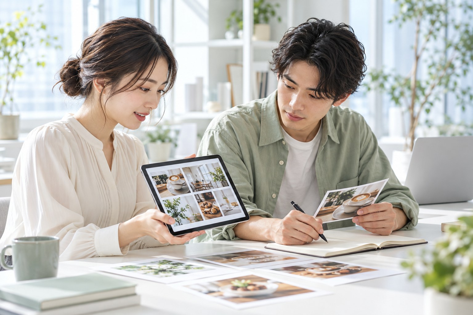 タブレットの投稿写真とノートを見比べ、次の制作を相談する二人