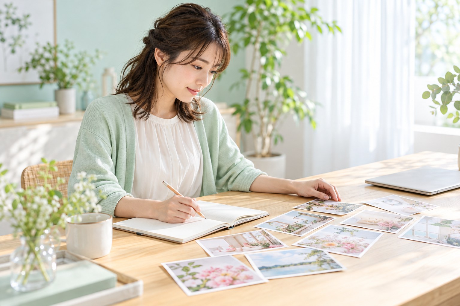 写真とノートを見ながら、SNSで伝える内容を整理する場面