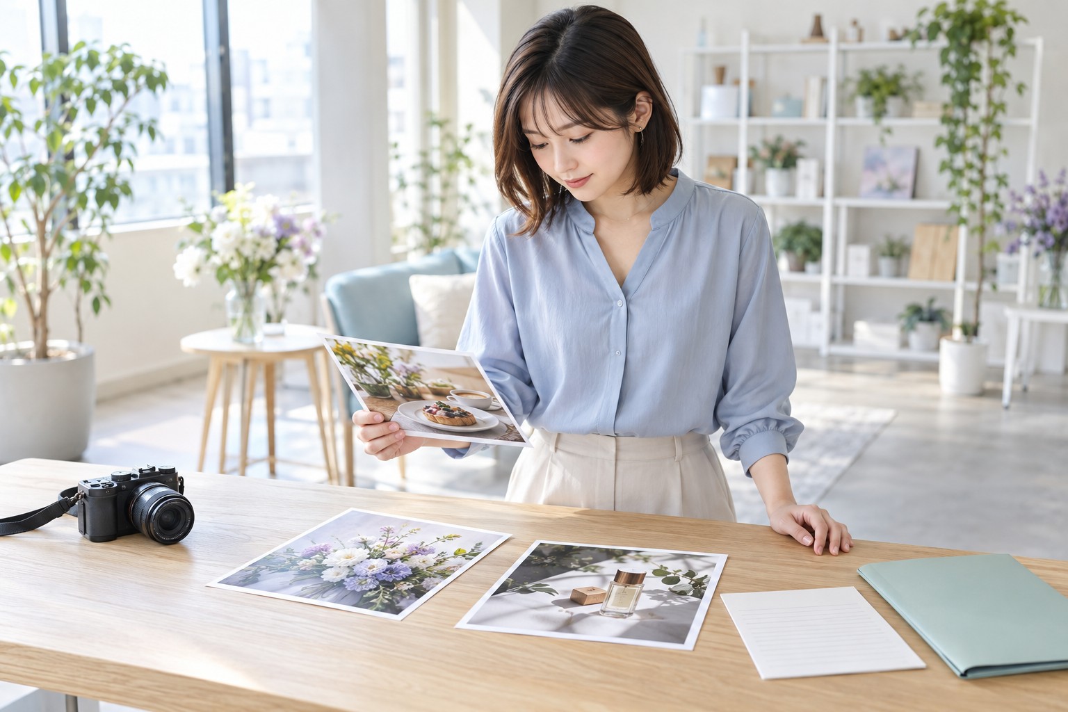 写真素材とカメラを確認し、新たに制作する範囲を検討する女性
