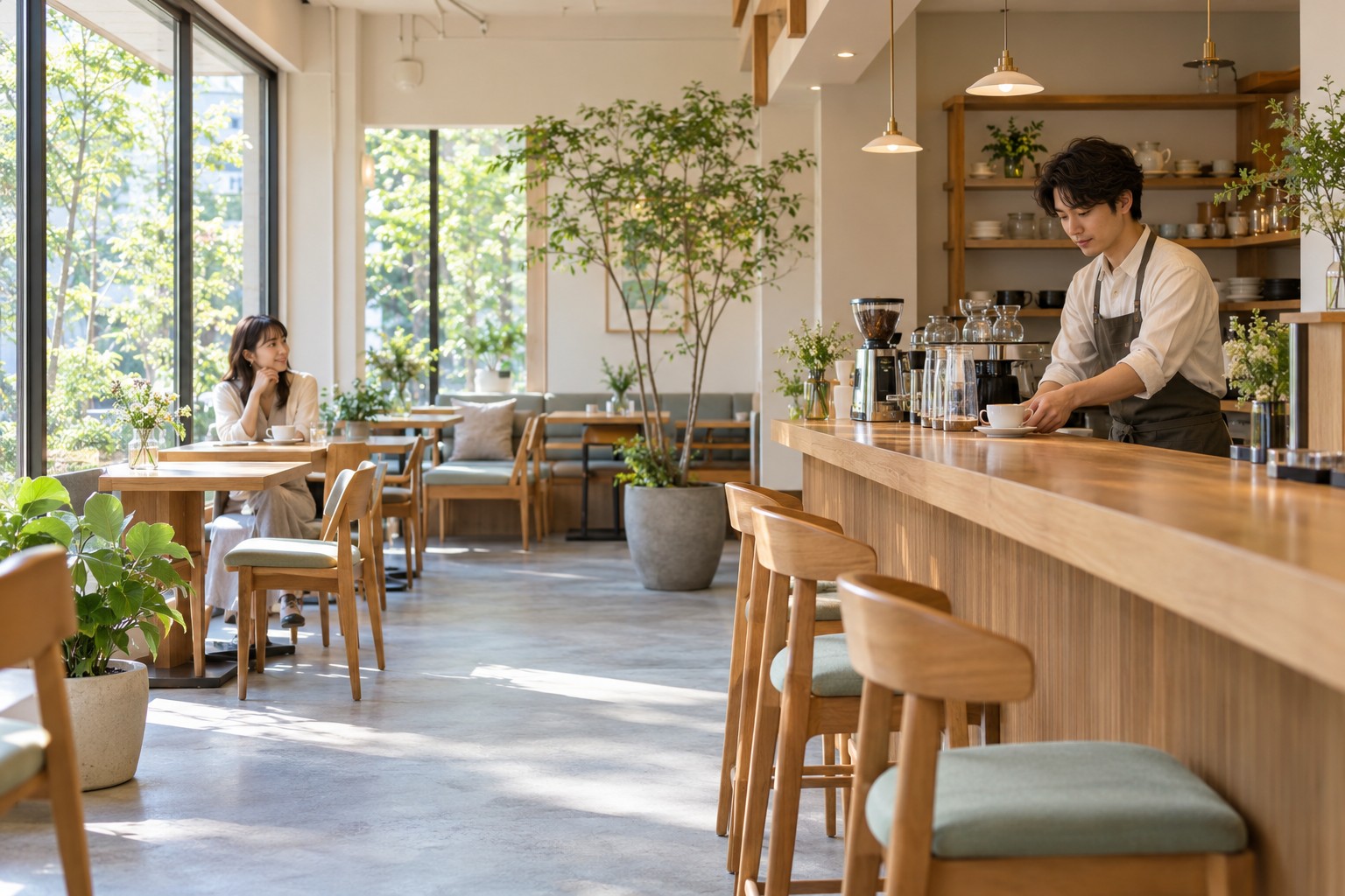 窓から光が入るカフェで、カウンターに立つスタッフと席で過ごす来店客