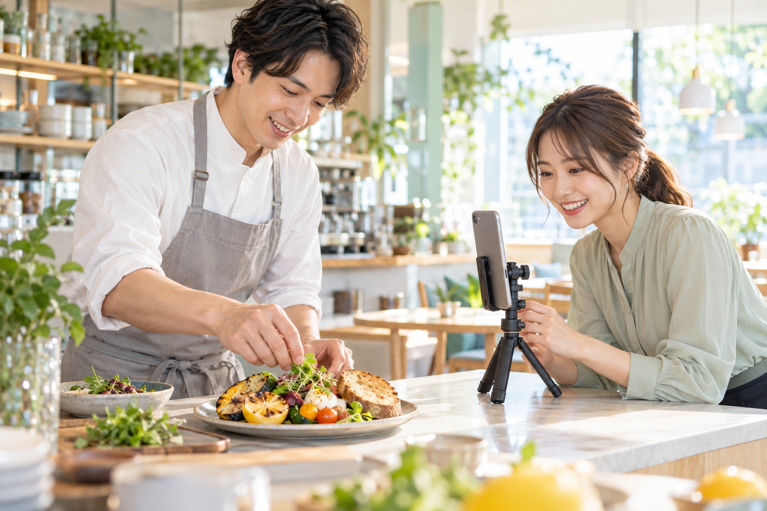 カフェの料理を、スマートフォンを固定して撮影するスタッフと制作者