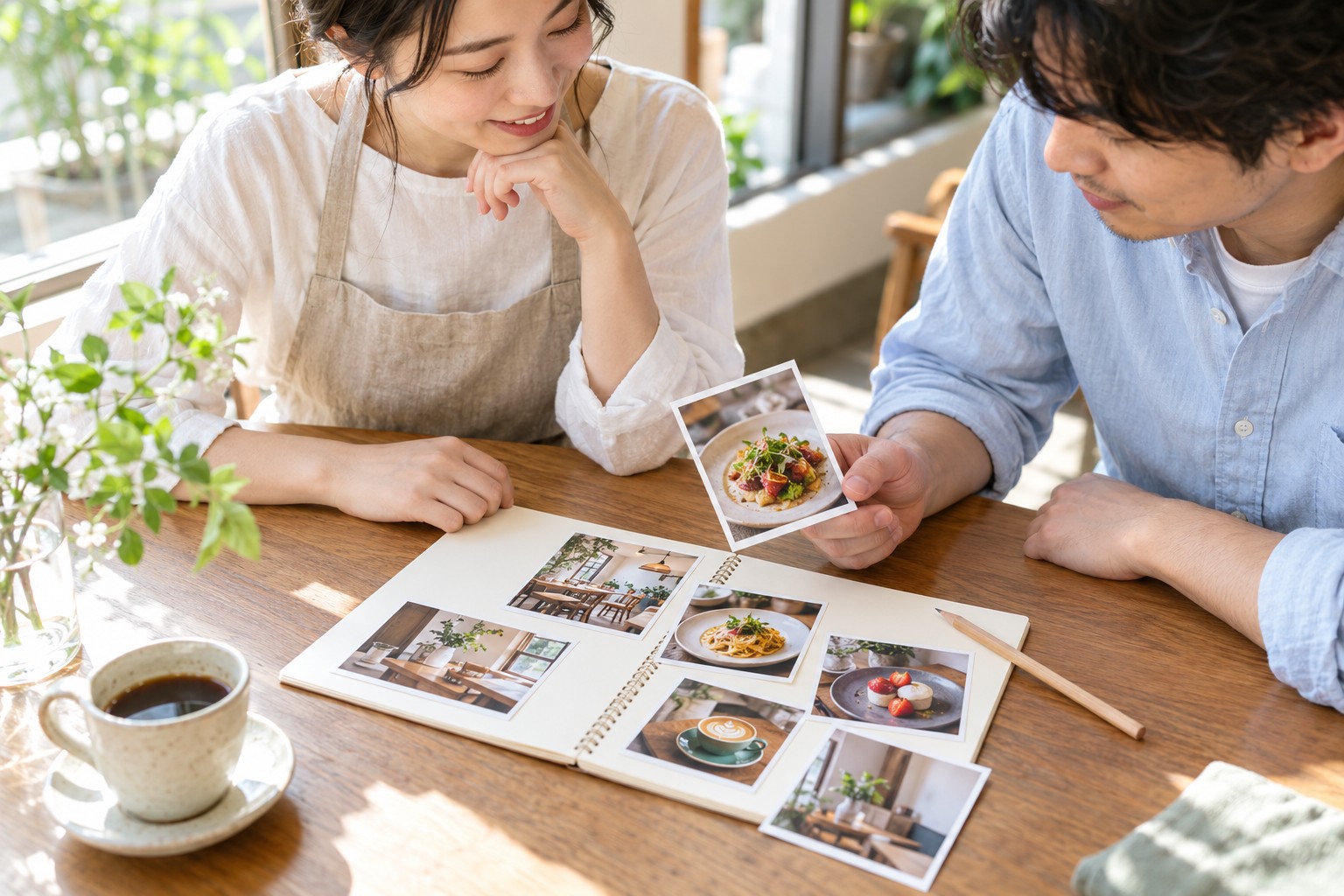 料理や店内の写真を並べ、投稿の企画と確認事項を相談する2人