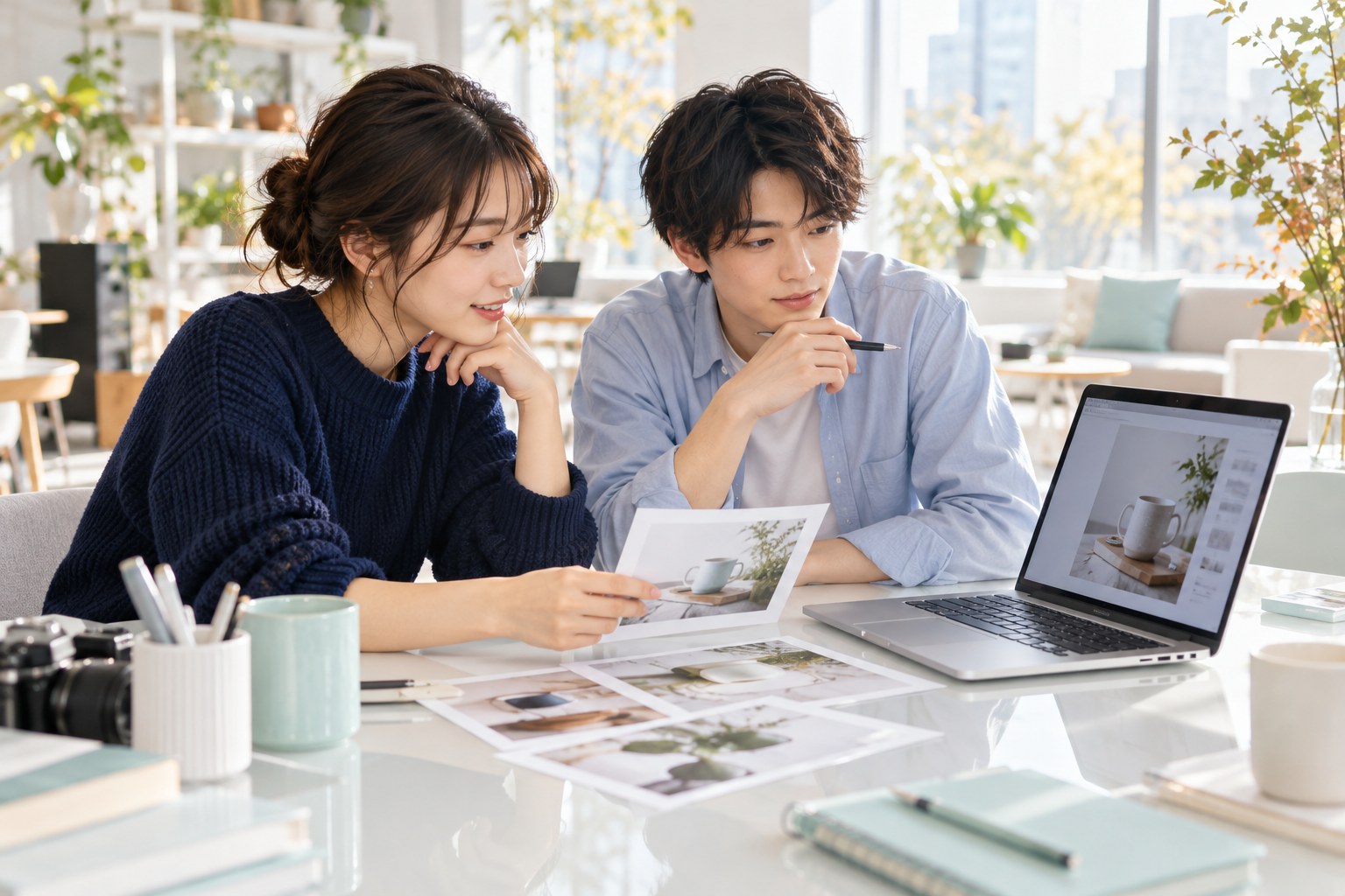 商品写真のプリントとノートパソコンの画面を見比べ、広告の表現を検討する二人