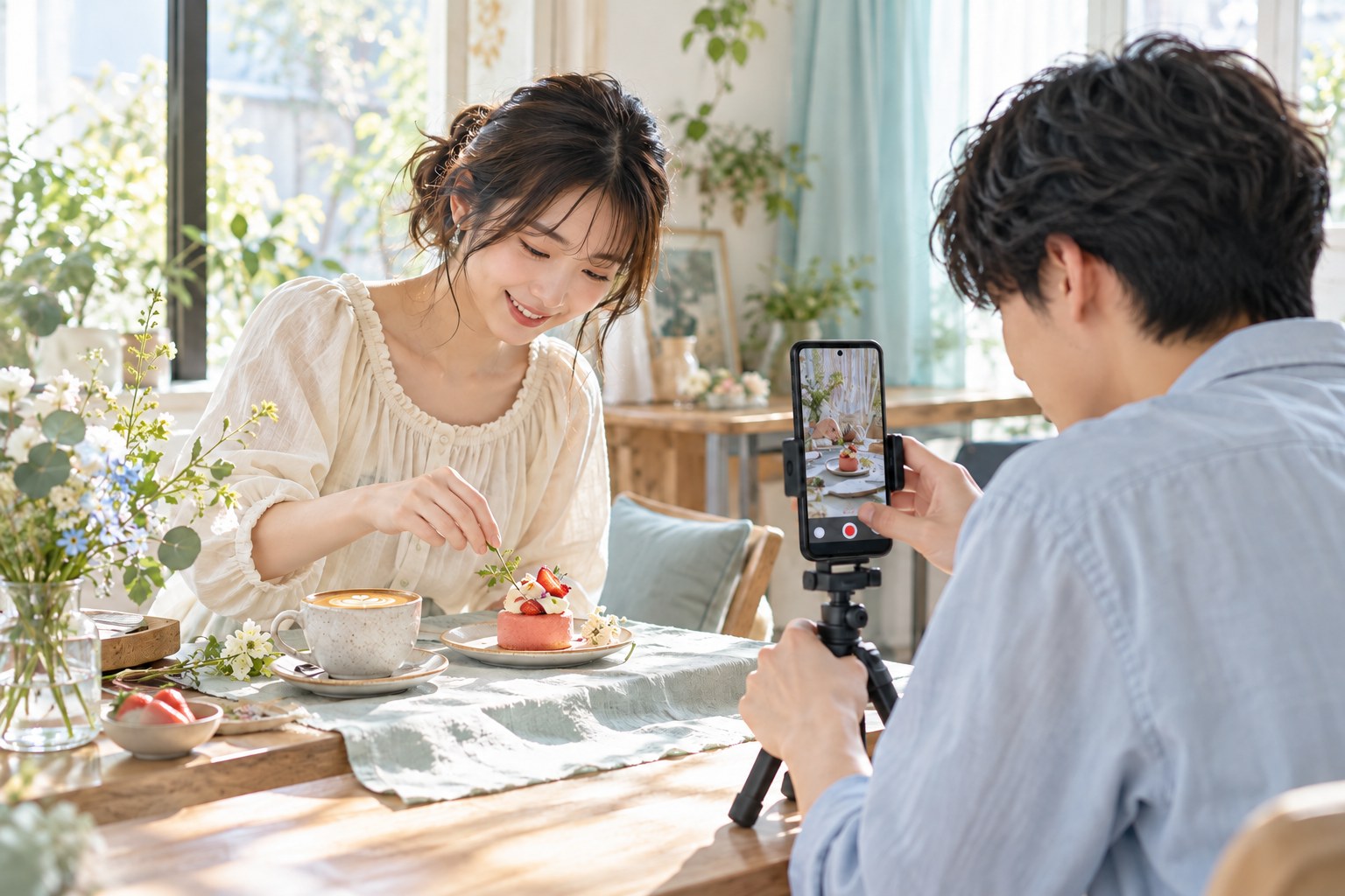 カフェの商品を整え、縦向きのスマートフォンで撮影する二人
