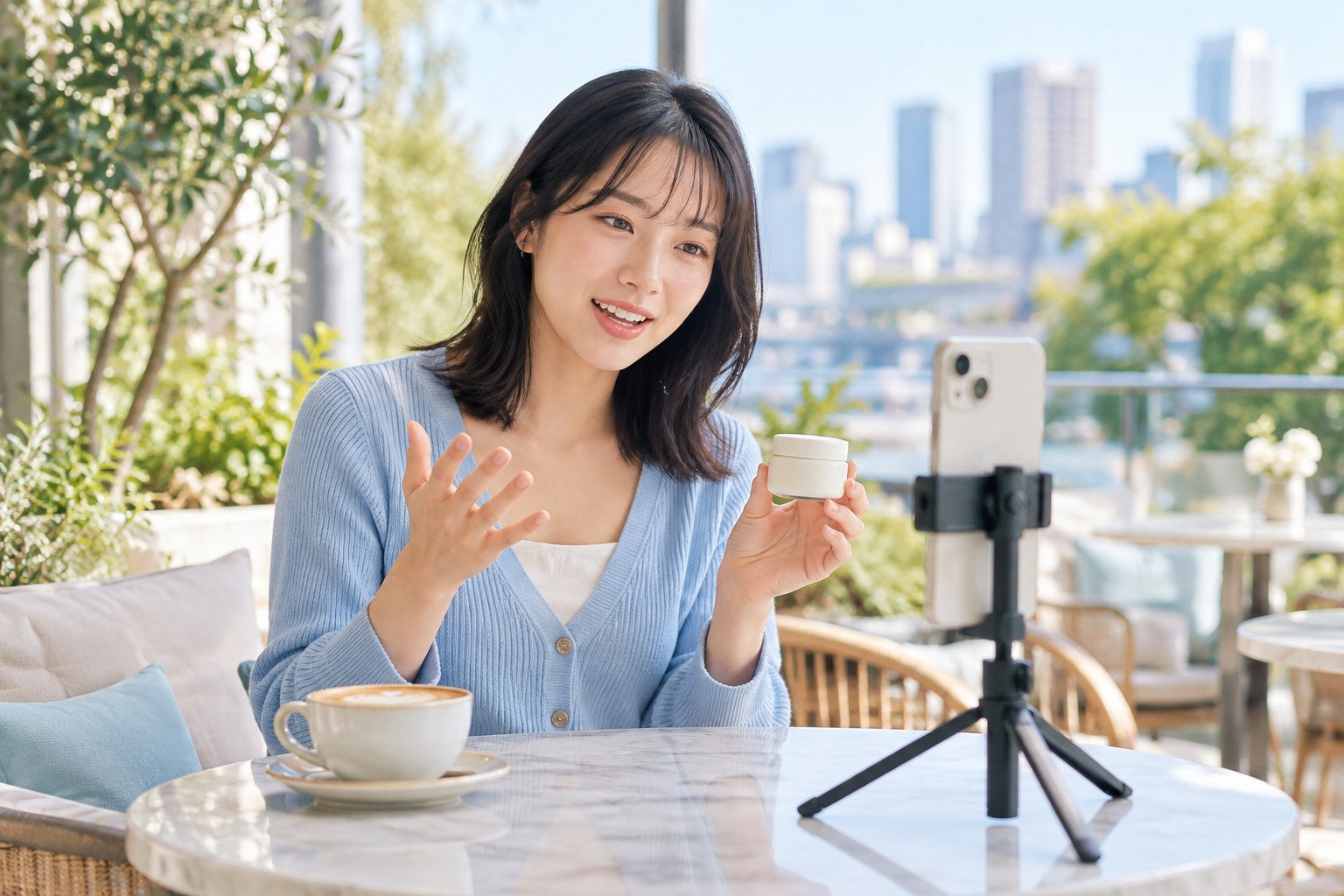 カフェテラスで商品を手に持ち、三脚に固定した縦向きのスマートフォンへ話す女性