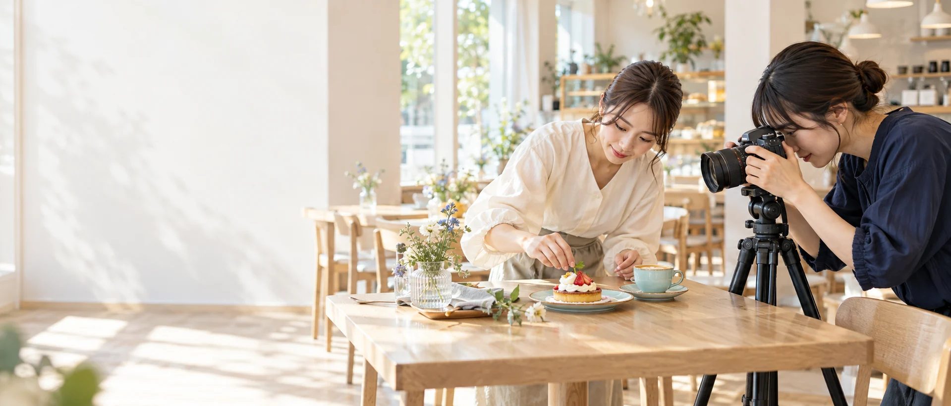 カフェで商品の撮影とスタイリングを行う制作チーム